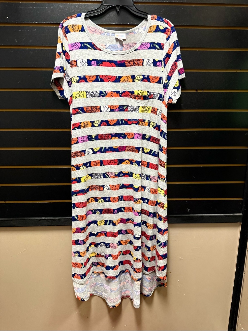 LuLaRoe Carly Dress Medium Gray Stripe Floral Swing T-Shirt Dress